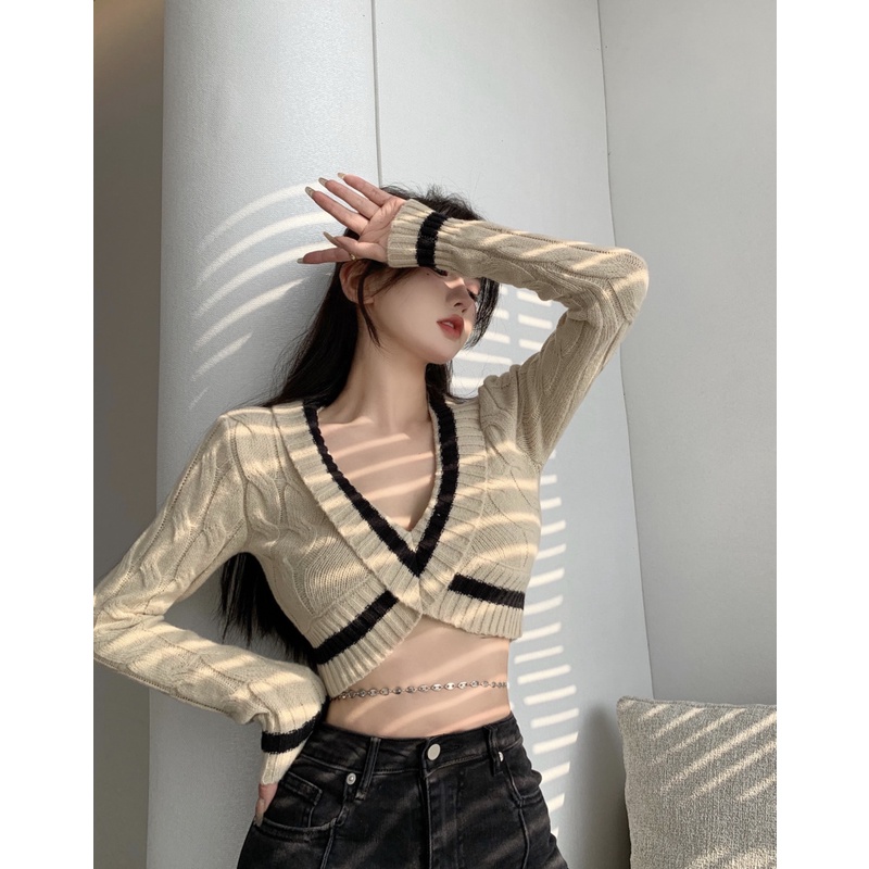 Cocory vn thời trang hàn quốc của phụ nữ sexy v-neck crop top casual all-match áo len dài tay