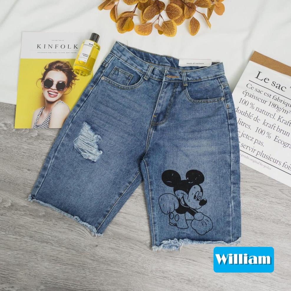Quần jean ngố nữ, quần lửng hình chuột Mickey cá tính William - AT25 New