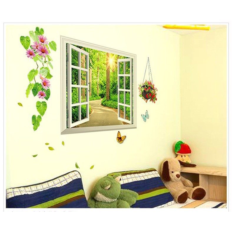 Decal 3D Cửa sổ Con đường xanh 3 trang trí nhà cửa sáng tạo AmyShop