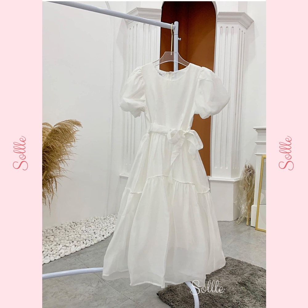 Đầm váy trắng dáng babydoll dài cổ tròn thắt nơ eo tay bồng voan 2 lớp ulzzang Hàn Quốc Sollle VBD007