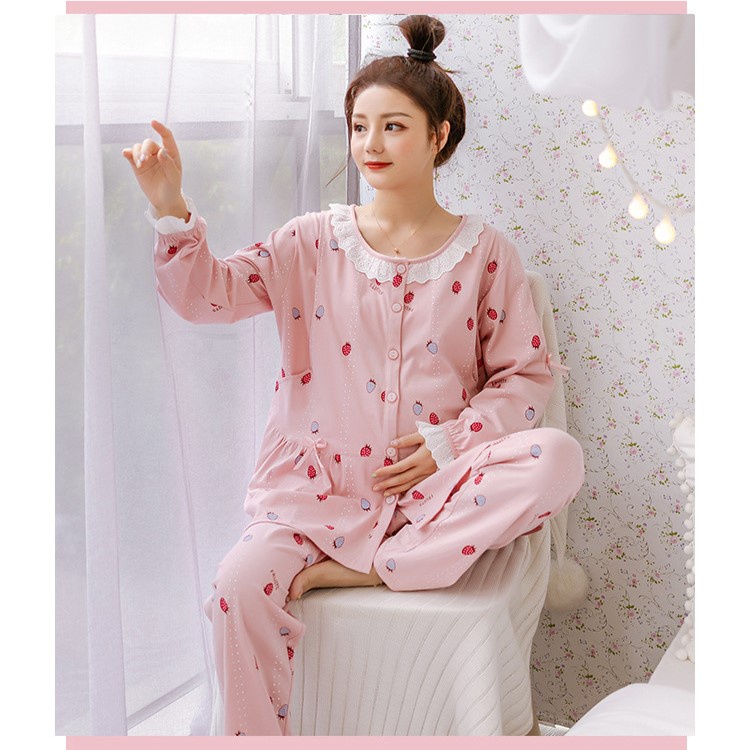 Đồ bộ bầu - sau sinh - chất liệu cotton mềm- mặc nhà thời trang mới ( Qủa dâu chấm sọc-Dài )