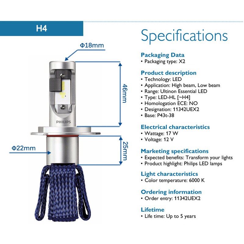 Philips Ultinon Essential LED H4 H7 H8 H11 H16 HB3 HB4 HIR2 Đèn Pha ô Tô Đèn Sương Mù 6000K (1 Bóng đèn)