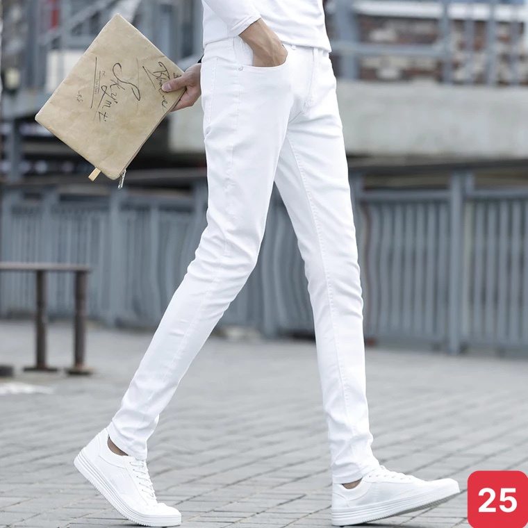 Quần jean nam màu trắng trơn không rách gối chất bò cao cấp co dãn 4 chiều đẹp from dáng rin skinny ADO Q27