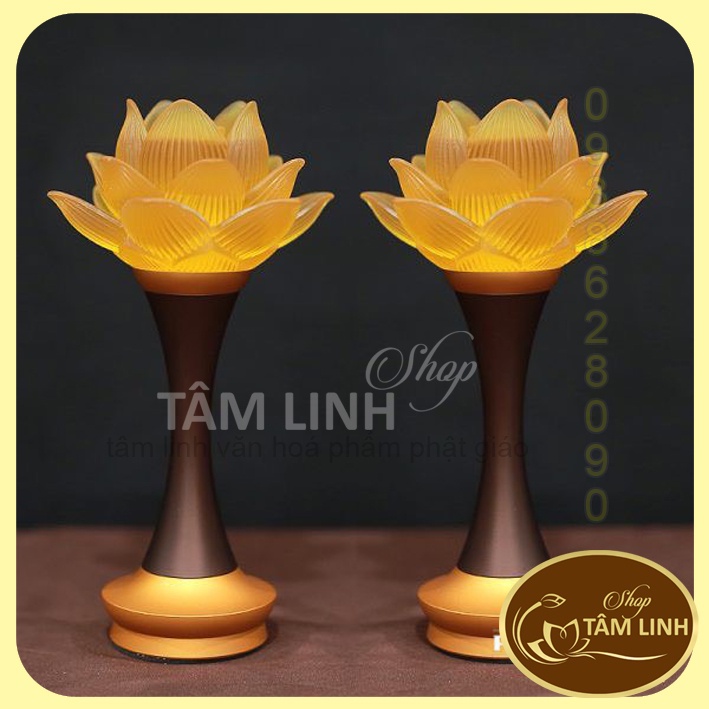 Cặp đèn thờ Hoa Sen nở nhựa Lưu Ly thân hợp kim nâu chân vàng siêu đẹp