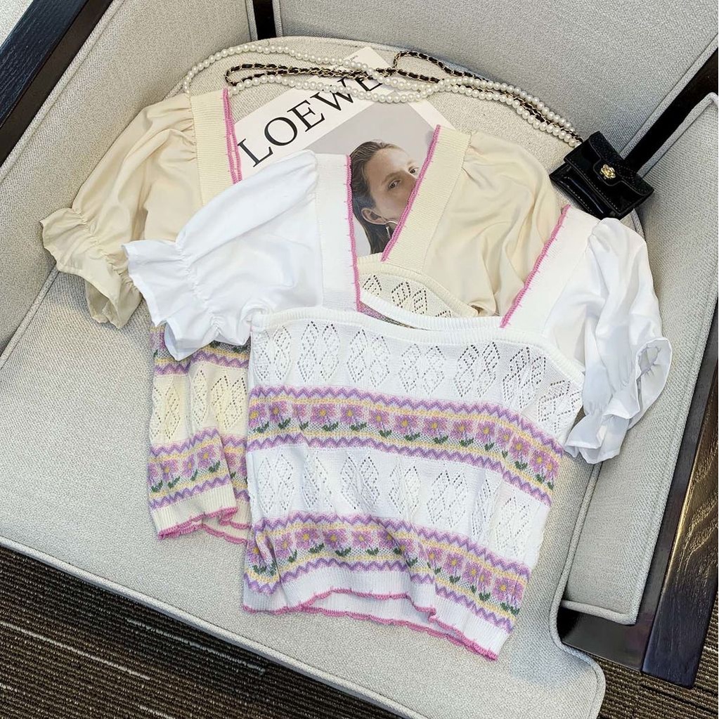 Áo Croptop Dệt Kim Tay Bồng Hoạ Tiết Hoa Thời Trang Mùa Hè Dành Cho Nữ