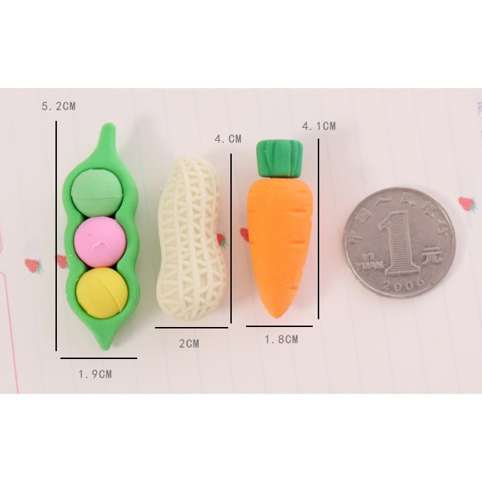 1 túi 4 cục tẩy hình rau củ quả - có dây để treo chìa khóa - túi zip