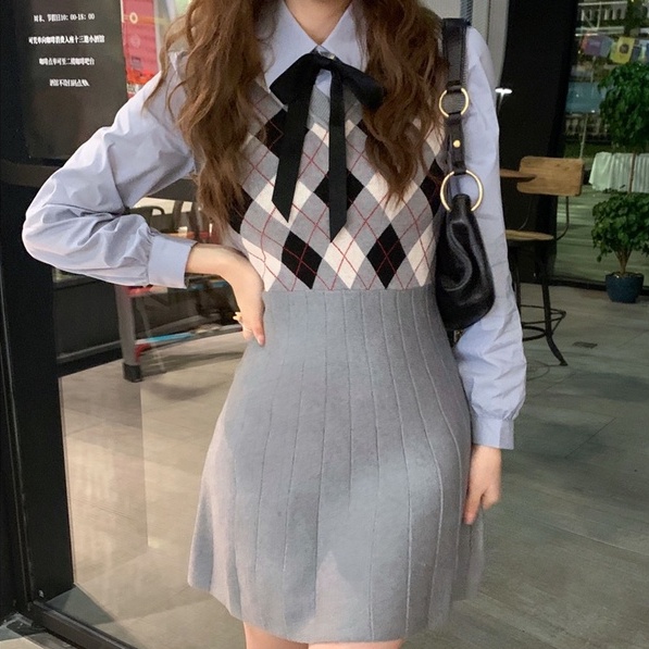 【ZHELIHANGFEI】 / Áo Len Không Tay Dệt Kim Sọc Caro Mùa Xuân