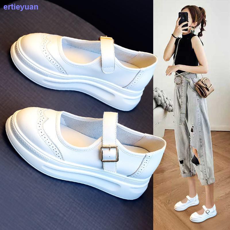 Giày da màu trắng đế dày phong cách Mary Jane Pháp thời trang mùa hè cho nữ 2021