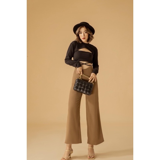 Quần dài ống rộng chéo ý họa tiết trơn | LONG PANT - CLÉLIE