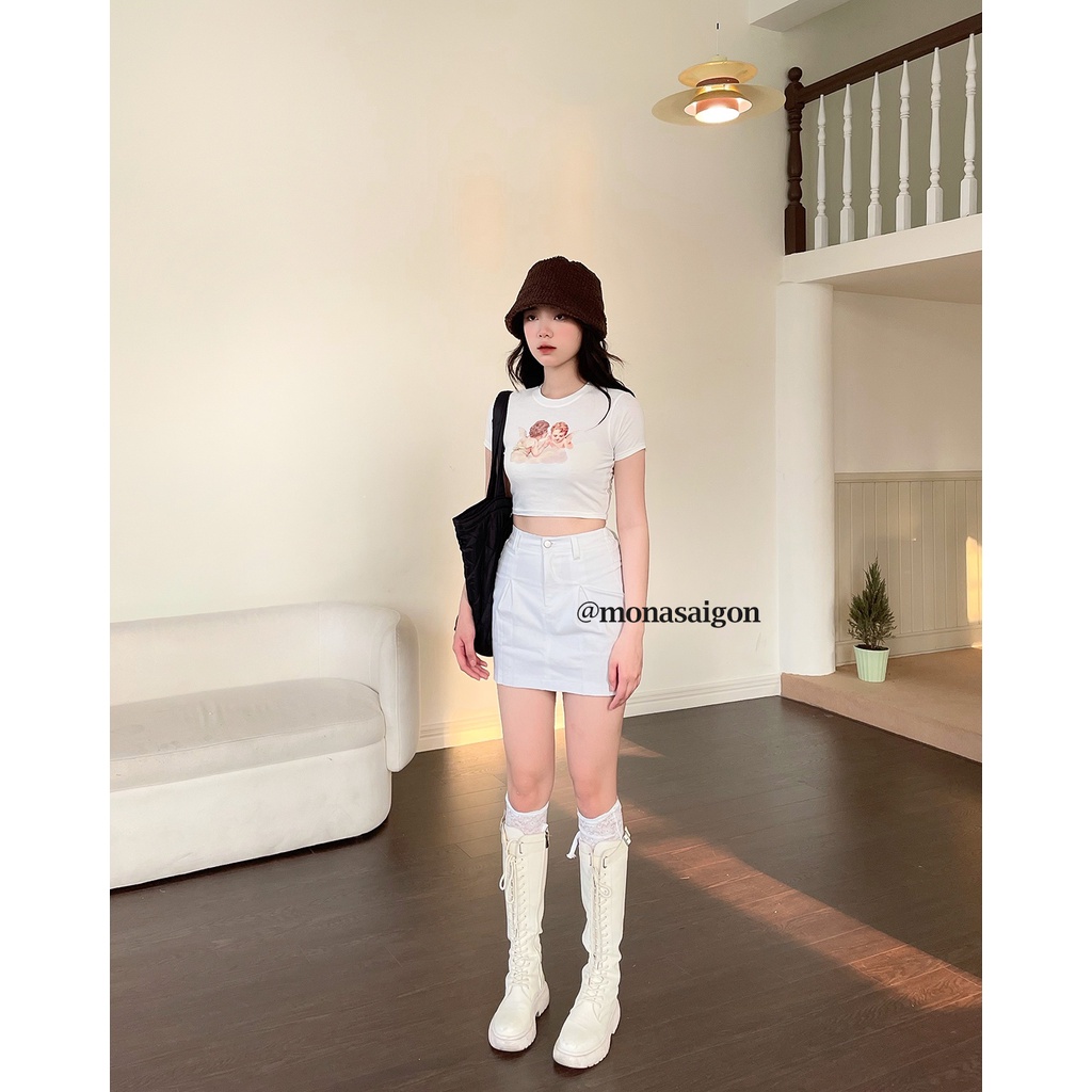 MONÁ Áo croptop ôm body ANGEL CROPTOP TRẮNG/ BE