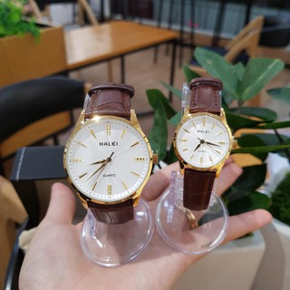 Đồng Hồ Cặp Đôi Nam Nữ Halei Viền Vàng Dây Da Sần Siêu Mỏng Sang Trọng Tặng Kèm Vòng Tỳ Hưu May Mắn - Tony Watch 68