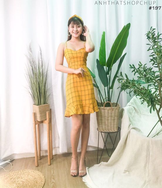 Nhập WAFS1921 giảm 15% tối đa 30k đơn 99k_ Đầm dây caro kèm tuban (có 3 màu)