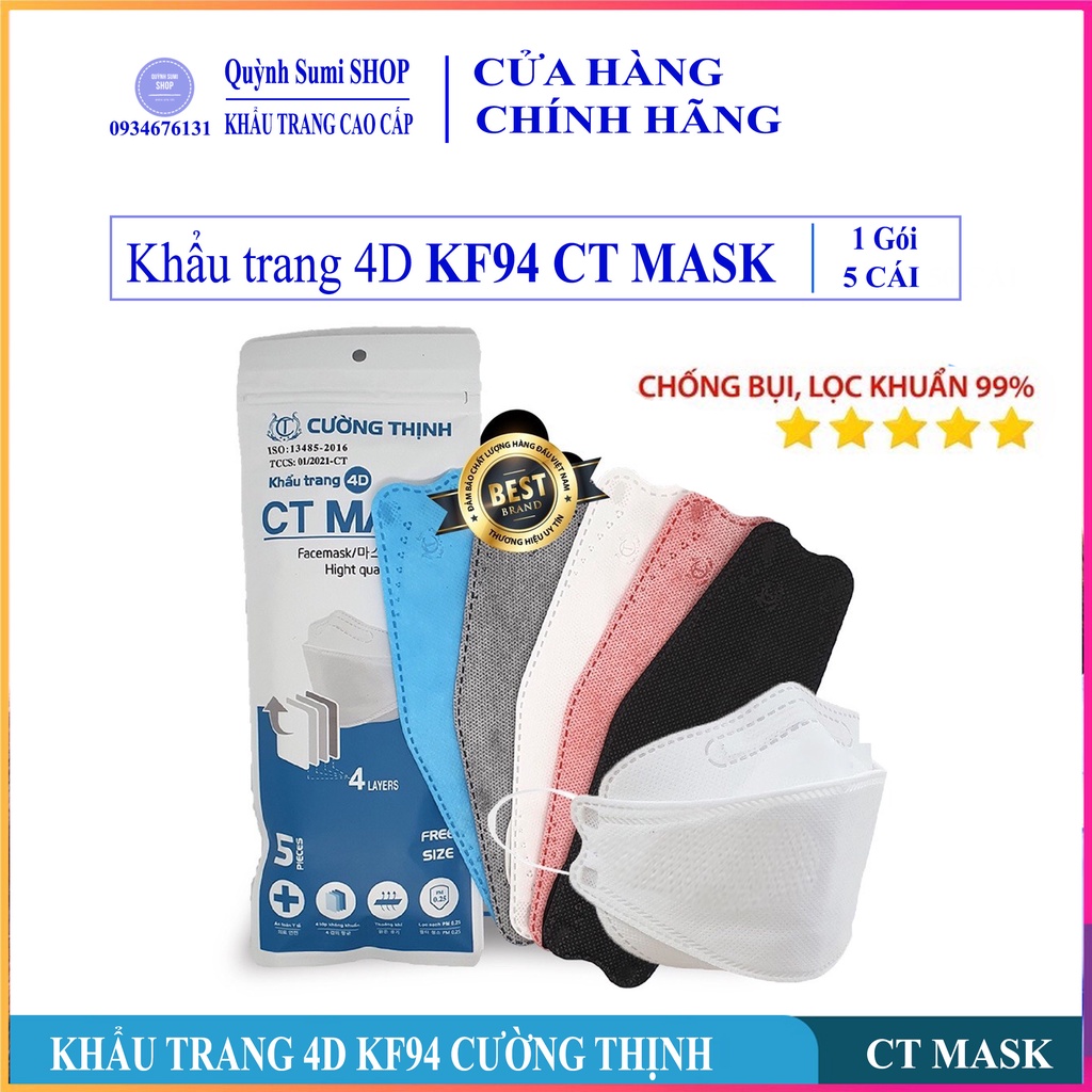 Khẩu Trang 4D CT Mask KF94 Y Tế Cường Thịnh Xuân Lai Chất Dày Dặn Quai Bền Dáng Đẹp Ôm Sát Mặt Gói 5C