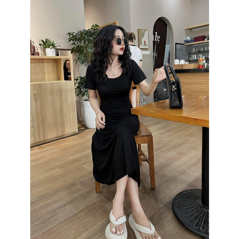 Đầm Váy Thun Body Trơn Cổ Tròn Tay Ngắn Dáng Dài Xòe Basic - Hanju
