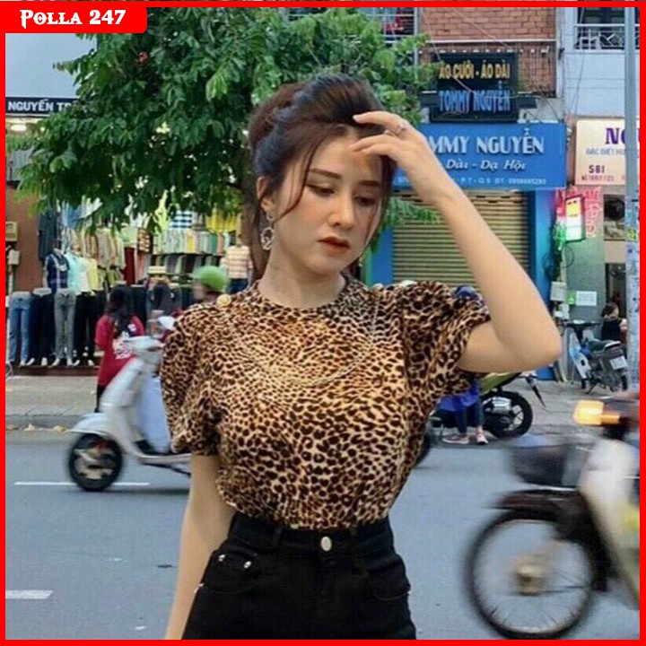 Áo kiểu nữ da báo Polla B041, Kiểu áo phông cộc tay nữ đẹp freesize họa tiết da báo kết hợp dây xích là điểm nhấn
