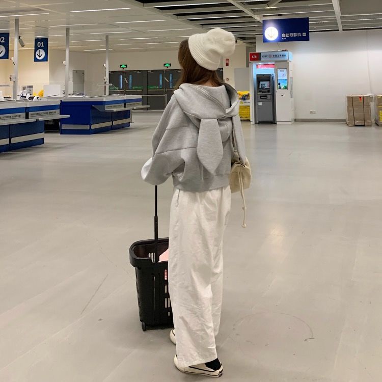 Áo Khoác Sweater Có Mũ Trùm Dáng Rộng Ngắn Đính Tai Thỏ Kiểu Hàn Quốc Thời Trang 2022 Cho Học Sinh