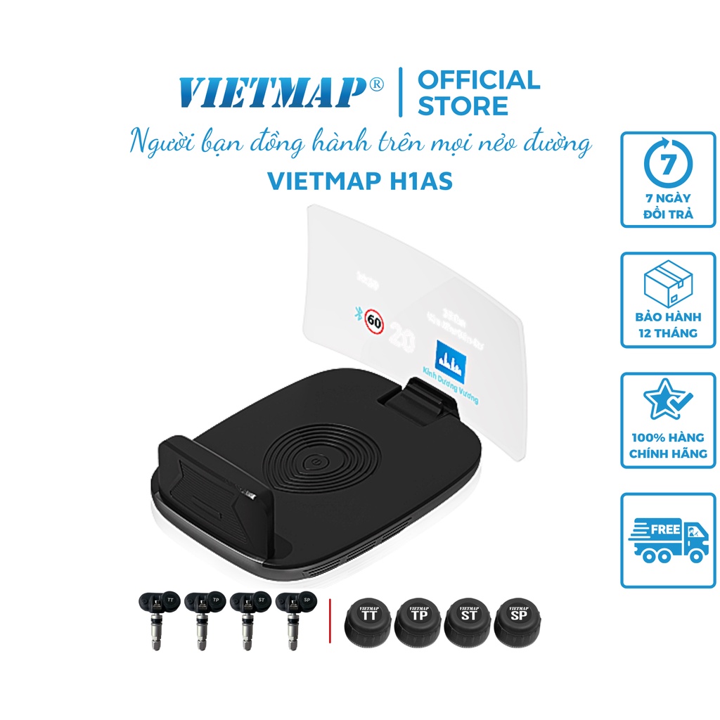 VIETMAP H1AS - Hud Dẫn Đường CẢNH BÁO Camera - Giao Thông- Tốc độ- Cảm Biến Áp Suất Lốp- Hàng Chính Hãng