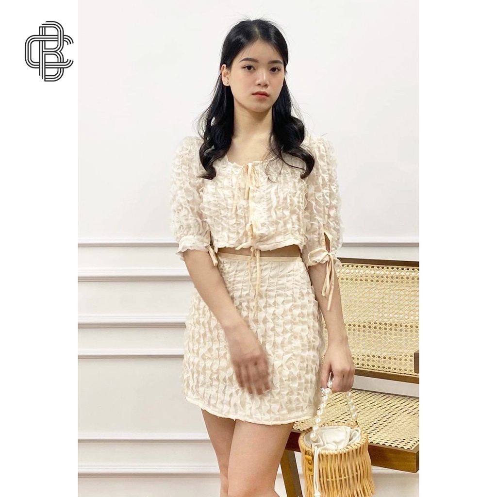 Set bộ nữ vải ren sóng buộc nơ mềm mại vintage nữ tính - La’coba