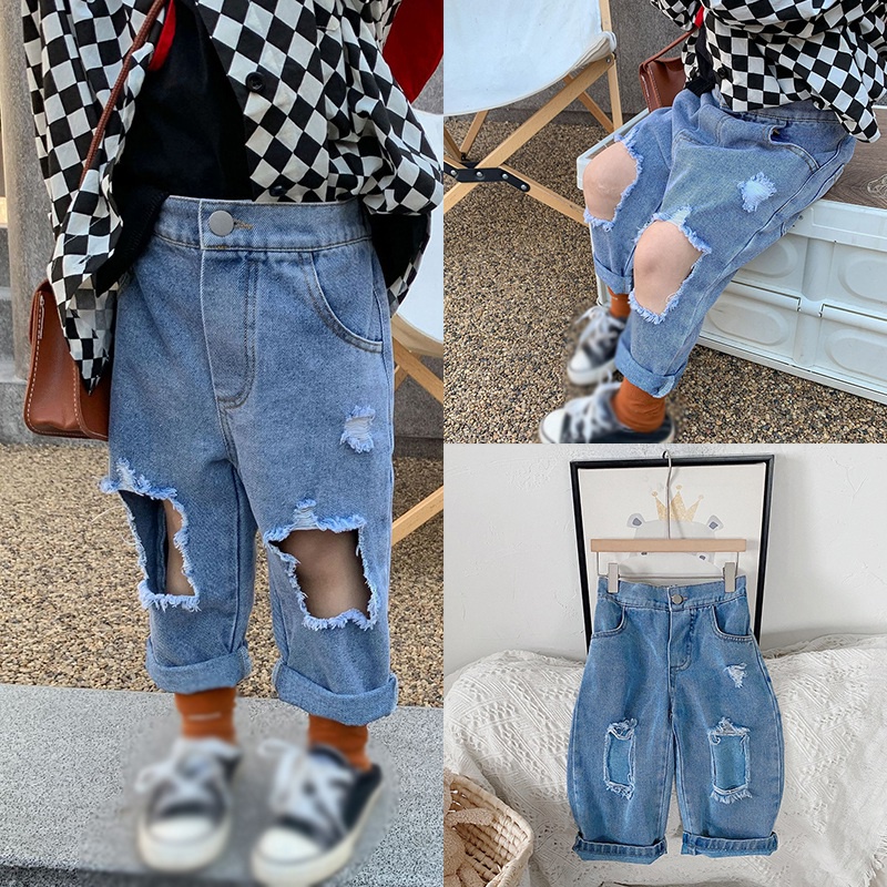 Quần Jeans Dài Lưng Thun Co Giãn Thiết Kế Rách Phong Cách Hàn Quốc Thời Trang Cho Nữ
