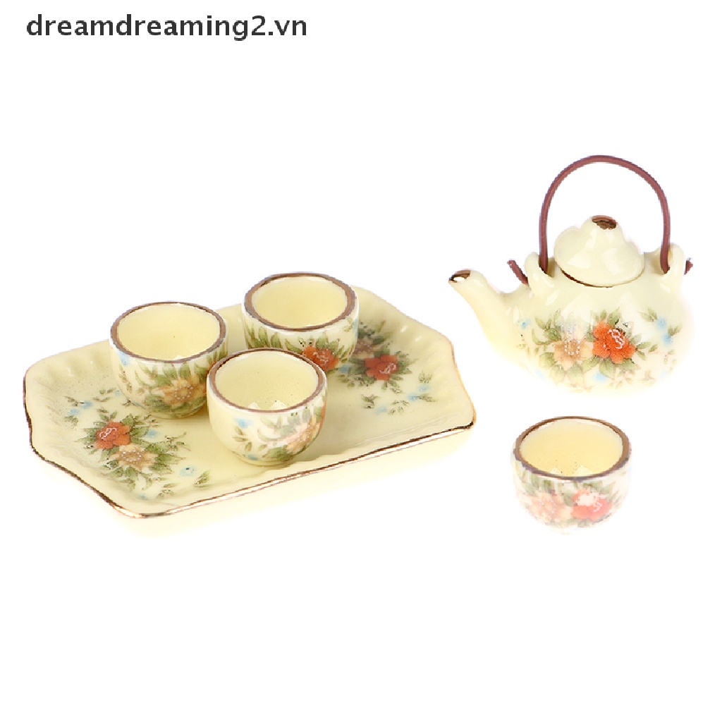 Bộ ấm trà 6 món bằng sứ mini cho nhà búp bê tỉ lệ 1:12