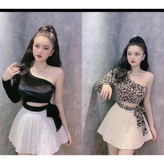 Áo croptop một tay phối da beo