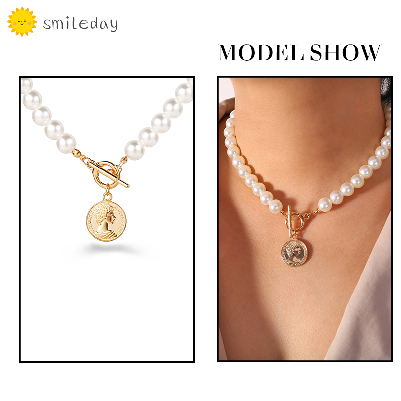 Vòng cổ mặt hình đồng xu điêu khắc chân dung đính ngọc trai nhân tạo thời trang cho nữ