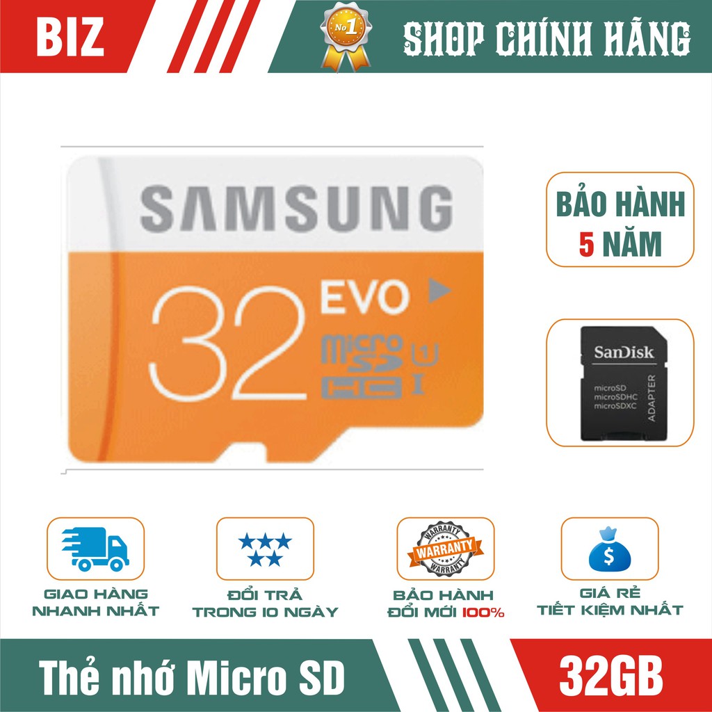 Thẻ nhớ Micro SD Samsung 32GB HDXC (Kèm Adapter) - Bảo hành 5 năm!!!