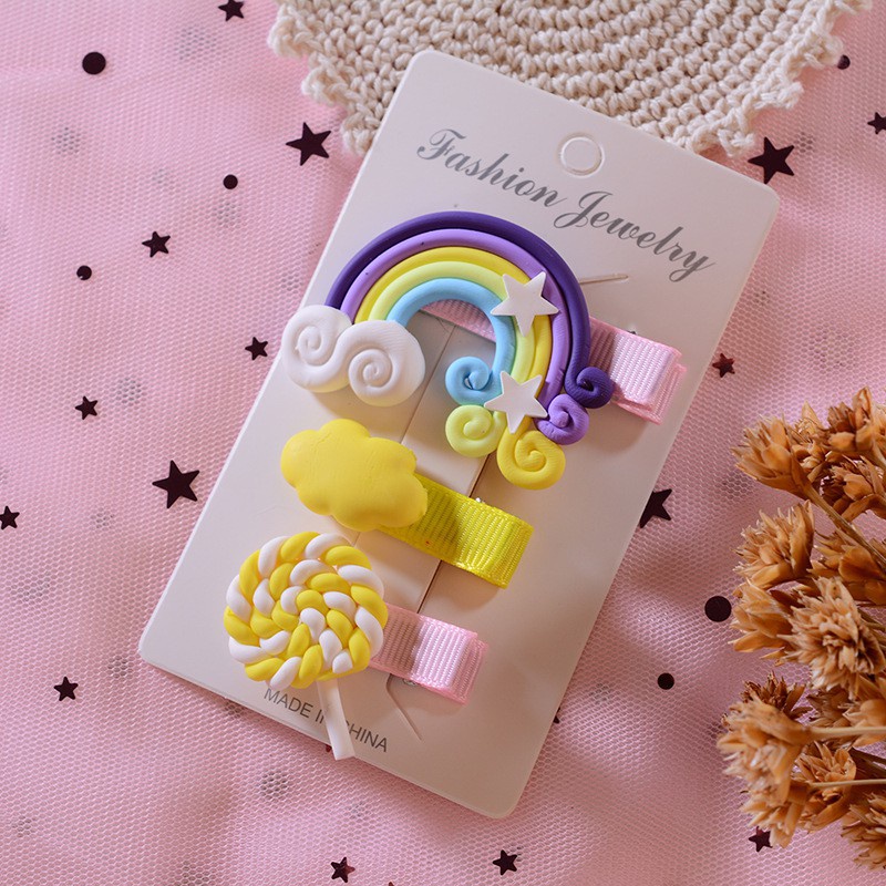 Set 3 Kẹp Tóc Hình Đám Mây / Cầu Vồng / Kẹo Mút Hoạt Hình Dễ Thương Cho Bé Gái