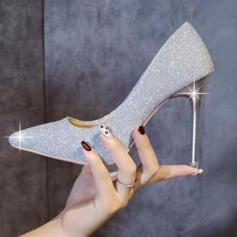 33-45 Super Size Sparkling Sequins Frosted High Heels Women's Stiletto Wedding Shoes Shallow Mouth Reverse String Perfor