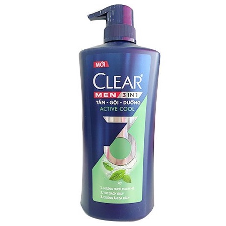 Dầu tắm gội dưỡng toàn thân Clear Men 3 in 1 Active Cool mát lạnh  630gr