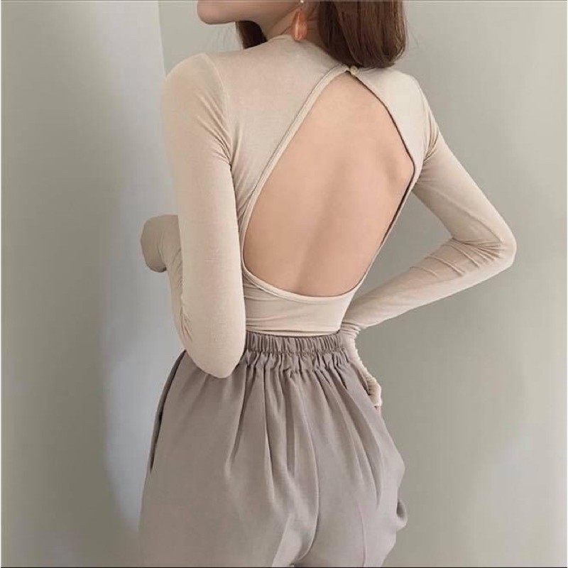 Áo kiểu nữ ôm body tay dài khoét hở lưng màu nude - Order taobao quảng châu