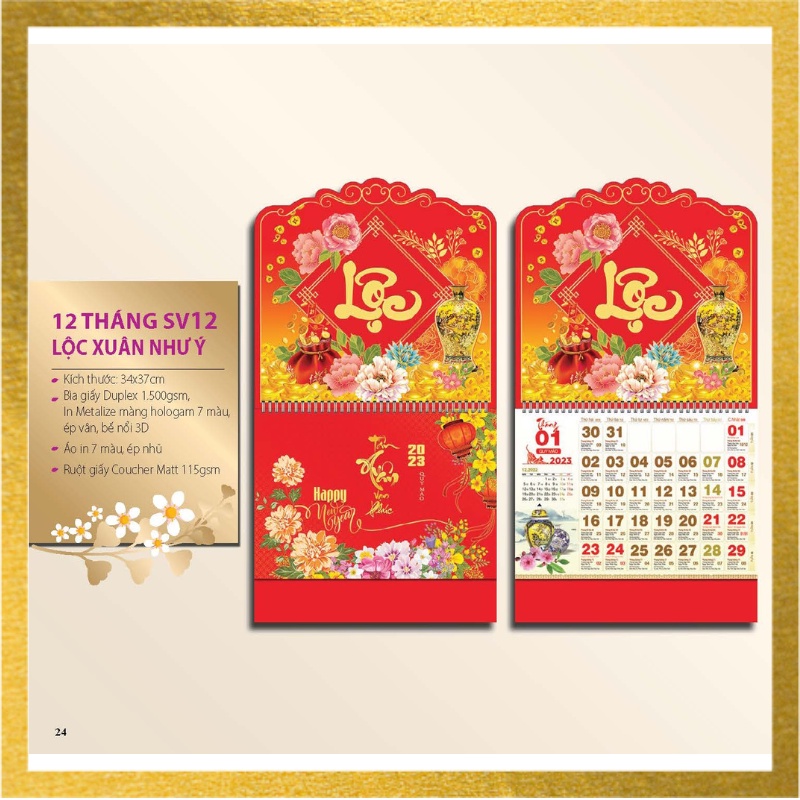 Lịch Treo Tường 2023 - Lịch Âm Dương 12 tờ 30x40cm mỗi tháng là 1 tờ, Lịch Tết 2023 QUÝ MÃO