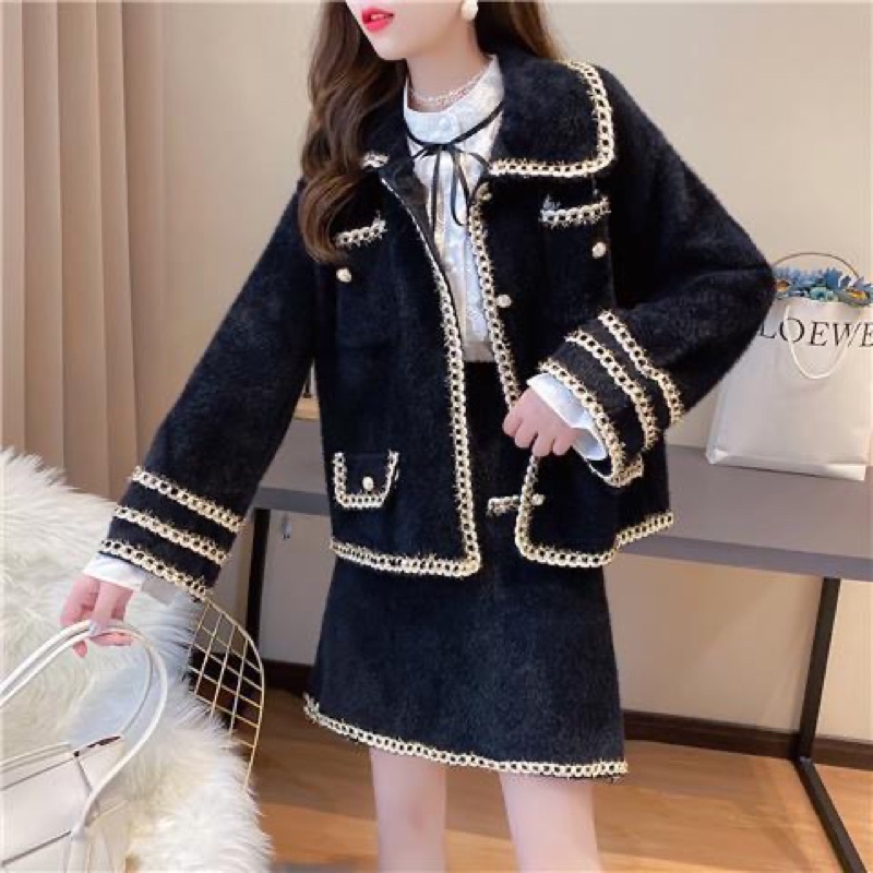 Set áo khoác + chân váy vải dạ bông sang chảnh viền ulzzang