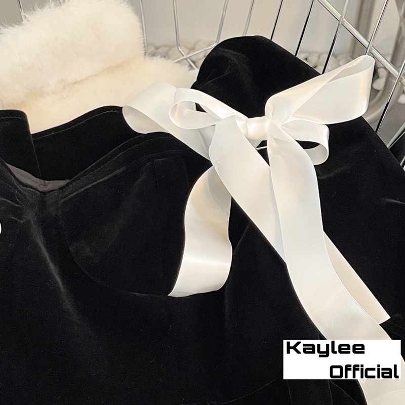 Váy Babydoll Nhung Buộc Nơ Trễ Vai Hàng QC ảnh thật cận chất Kaylee | BigBuy360 - bigbuy360.vn