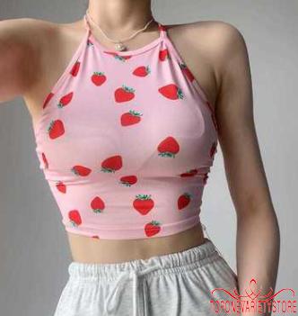 Áo Lửng Hai Dây In Họa Tiết Trái Dâu Xinh Xắn Dành Cho Nữ | BigBuy360 - bigbuy360.vn