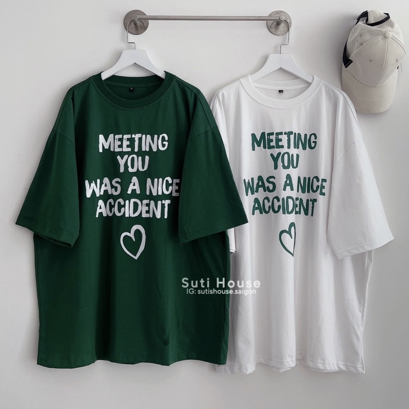 Áo Thun T-Shirt MEETING 2 Màu Xanh Lá / Trắng Vải Cotton Mịn Mát Form Rộng Unisex - Suti House