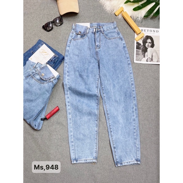 Quần Baggy Jean Nữ Lưng Cao Chuẩn Phom Trơn Lai Cuốn