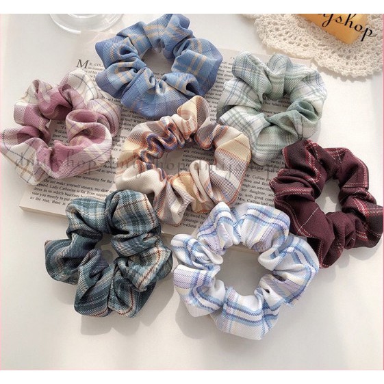 Dây buộc tóc,cột tóc scrunchies kẻ phồng Hàn Quốc nhiều màu_𝐏𝟐𝟕