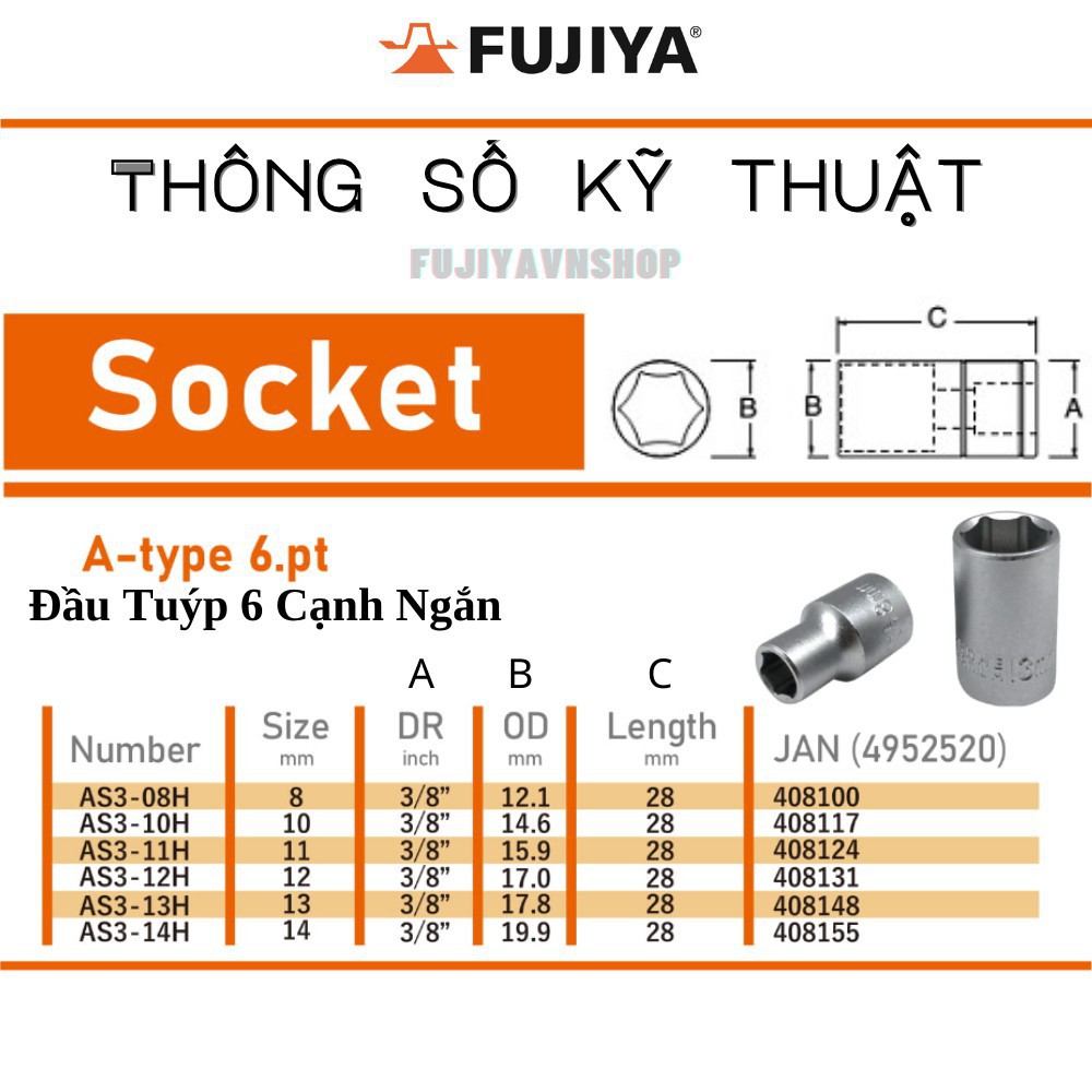 Đầu Khẩu Fujiya AS3 - H -  6 cạnh 8mm-14mm