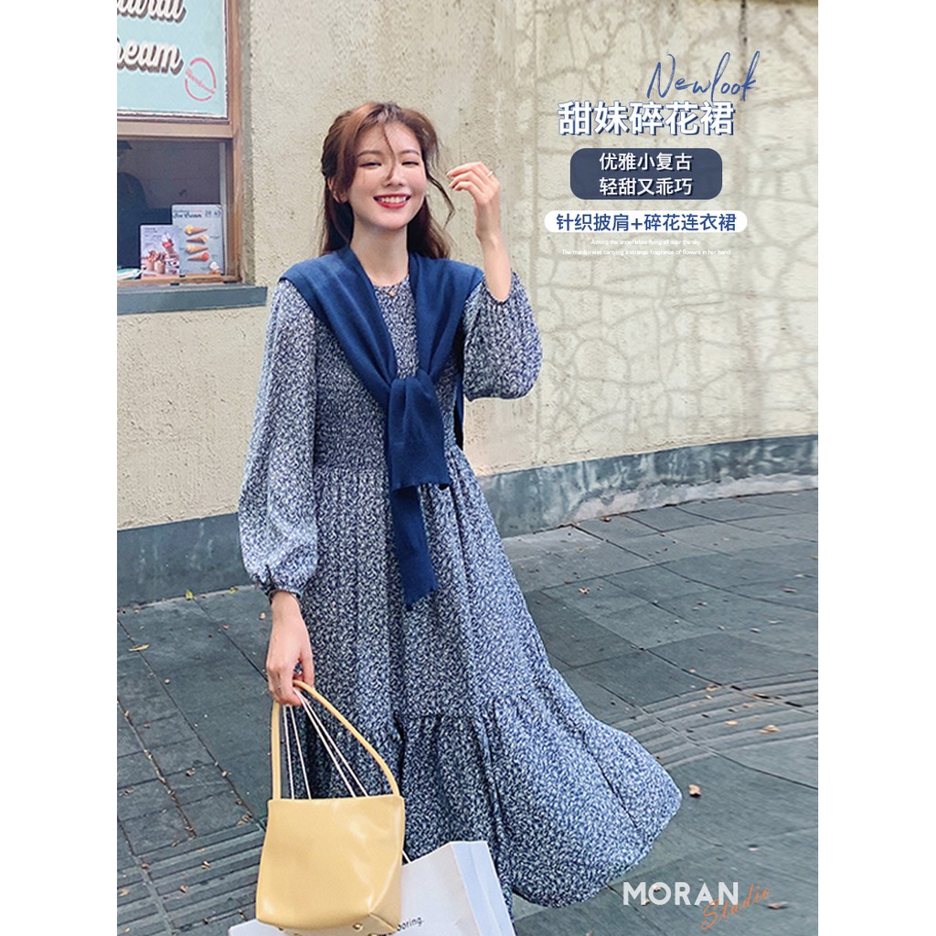 (ORDER) Váy MORAN hoa nhí dài tay mùa thu xanh dương xòe dài đuôi cá điệu đà vintage Hàn Quốc - Có ảnh thật