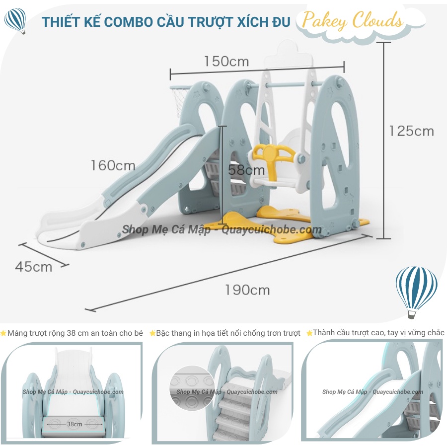 Cầu trượt cho bé Pakey Cloud TẶNG KÈM BÓNG RỔ, cầu trượt cao dày dặn chịu tải trọng 80kg