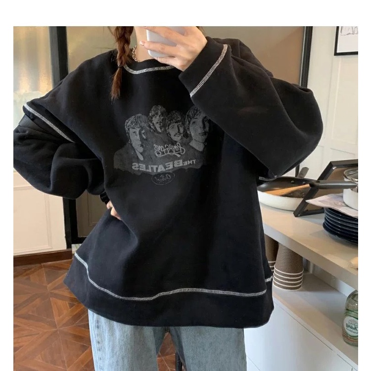 Áo hoodie form rộng không mũ tay dài họa tiết chỉ nổi in hình The Beatles dáng unisex 1st clothes | BigBuy360 - bigbuy360.vn