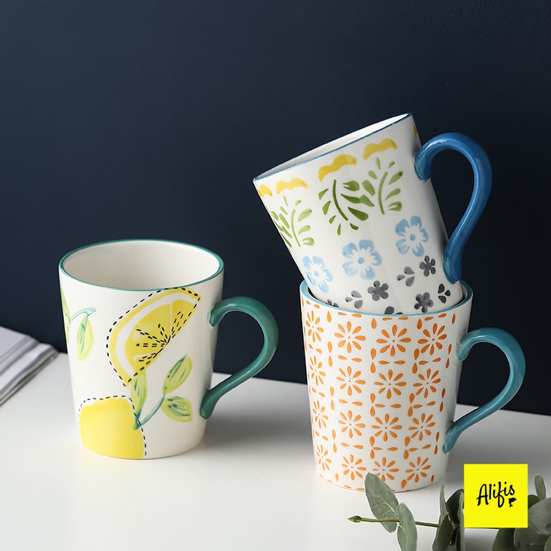 Cốc sứ, ly sứ uống trà, cafe 375ml họa tiết vẽ tay phong cách Bắc Âu (Cốc dáng cao)