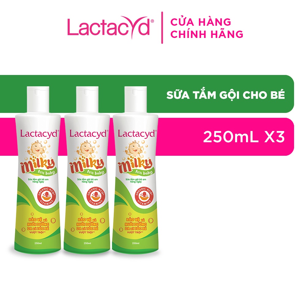 Bộ 3 chai Sữa Tắm Gội Trẻ Em Lactacyd Baby Extra Milky Làm Sạch Dịu Nhẹ và Dưỡng Ẩm Vượt Trội 250ml/chai