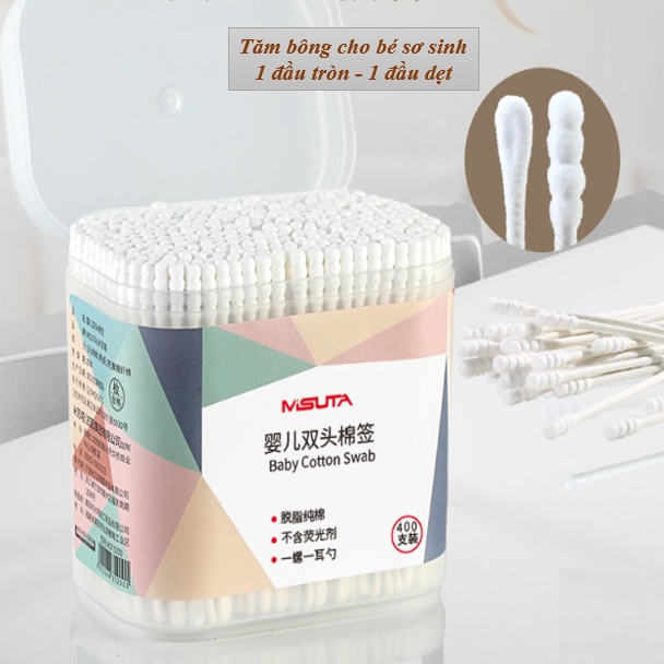 Tăm bông cho bé sơ sinh - Tăm bông được làm từ bông tự nhiên [hộp 400 que Misuta] - An toàn cho bé