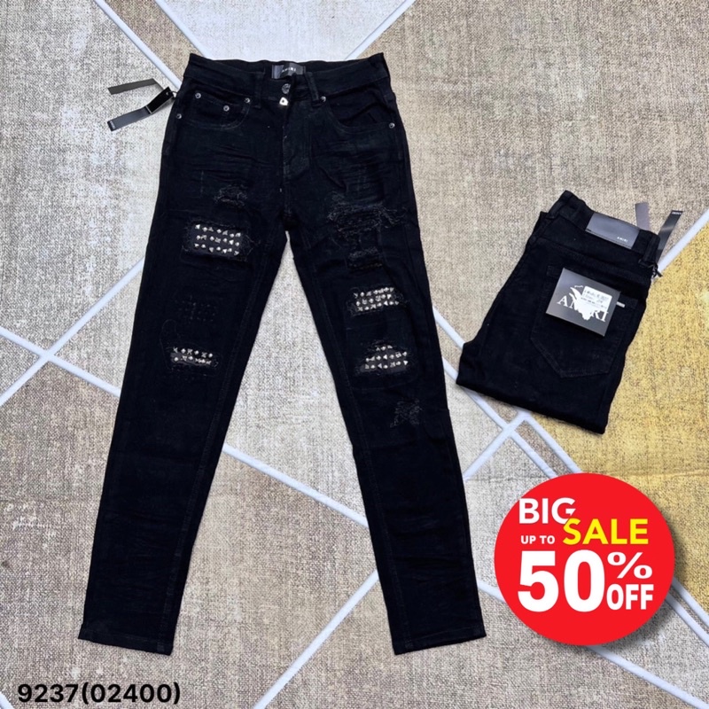 Quần jean nam họa tiết đính đá to xuyên vải,quần bò rách xước đính đá trắng dáng slimfit khâu viền