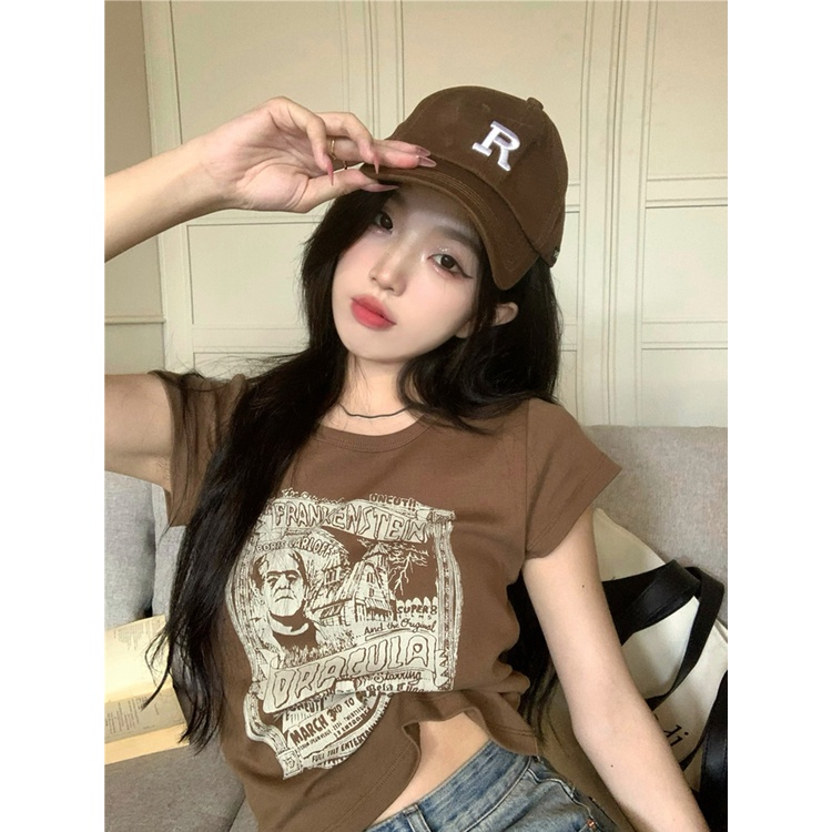 Áo Thun Tay Ngắn Cổ Tròn In Họa Tiết Phong Cách Vintage Mỹ Thời Trang Cho Nữ