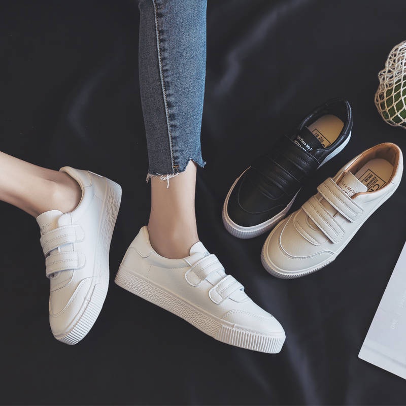 Giày Vải Canvas Thời Trang Cho Nữ Giày Thể Thao Khóa Dán Màu Trắng Thời Trang Mùa Xuân Hàn Quốc Cho Nữ 2021