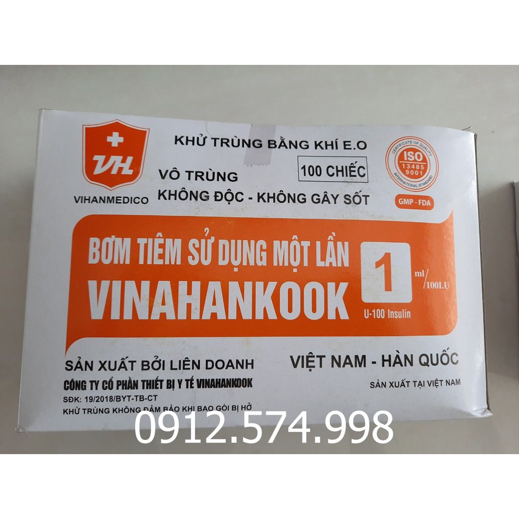 HỘP 100 cây BƠM KIM TIÊM TIỂU ĐƯỜNG INSULIN 1CC 1ML 100iu (30G) VINAHANKOOK