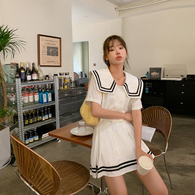 Set Bộ Áo Croptop Chân Váy Xếp Ly Thủy Thủ 2 Màu - SET ÁO THUỶ THỦ Cúc Cài MIX CHÂN VÁY PHA VIỀN Khóa Kéo